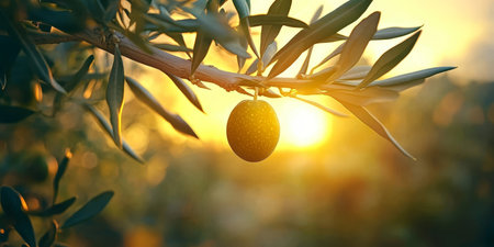 Ripe Olive Hanging Gracefully from Tree Branch at Sunset, Symbolizing Mediterranean Harvest Seasonの素材