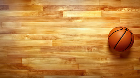 Basketball on a Polished Hardwood Court, Top View of the Game with the Orange Ball and Actionの素材