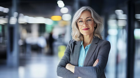 Confident Business Woman at Work, Stylish European Manager in Grey Suit, Office Leadership Settingの素材
