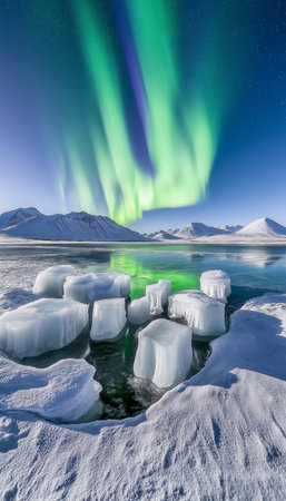 Aurora borealis lighting up the night sky over icy landscapes, a breathtaking visual display.の素材