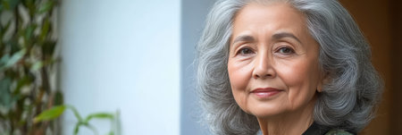 Contented Elderly Woman with Grey Hair Smiling Happily in a Natural Outdoor Setting at Homeの素材