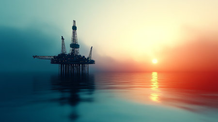 Majestic Offshore Oil Rig Standing Tall at Sunrise Over Tranquil Waters with Stunning Scenic Viewsの素材