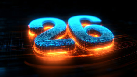 Futuristic Visual Display Showcasing a Numeric Expression of Twenty Six in a Vibrant Rendered Styleの素材