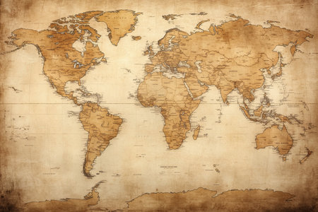Antique World Map in Sepia Tones, Vintage Cartography on Aged Parchment, Historical Explorationの素材