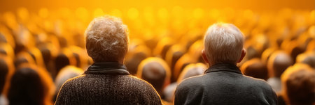 Seniors Attentively Observing a Presentation on Stage During a Community Theater Performance Eventの素材