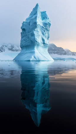 Majestic Antarctic Iceberg Reflections in Crystal Clear Waters, Nature s Frozen Artistry Unveiled.の素材