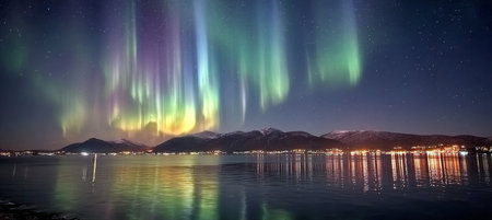Stunning Display of Majestic Aurora Borealis Illuminating the Starry Night Sky over Snowy Mountainsの素材