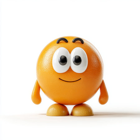 Cute Animated Smiling Orange Emoticon with Big Eyes, Adorable Cartoon Character Icon in 3Dの素材