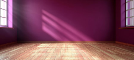Bright Minimalistic Interior with Wooden Parquet Floor and Purple Accents Bathed in Daylightの素材