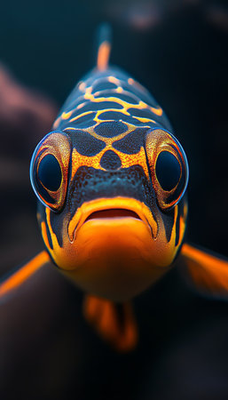 Stunning Close-Up of a Bright Orange and Black Ornamental Fish with Large Eyes in Aquatic Habitatの素材