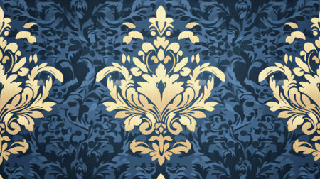 Luxurious tapestry featuring opulent gold arabesques and royal navy motifs for elegant interiorsの素材