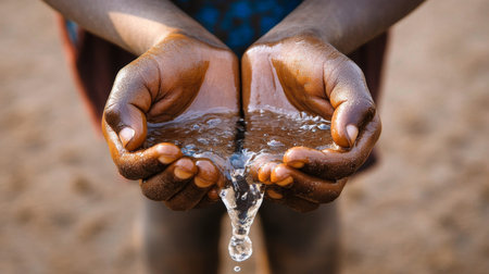 Hands Holding Clear Water from a Fresh Pool, Symbolizing Sustainability in an African Landscapeの素材