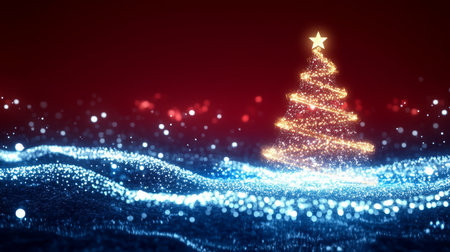Elegant Golden Christmas Tree on a Sparkling Navy Background, Capturing the Essence of Holiday Cheerの素材