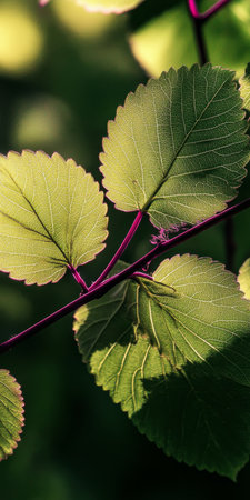 Delicate Yellow-Green Foliage and Magenta Stems Creating a Picturesque Springtime Wallpaper Sceneの素材