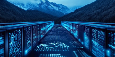 Vast Digital Landscape Featuring Advanced Servers and Storage Centers in a High-Tech Environmentの素材