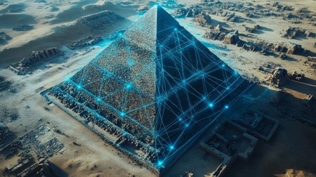 Majestic pyramid glowing with advanced technology, where ancient wonders meet a digital future.の素材