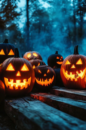 Eerily Lit Carved Pumpkins Displayed Outdoors at Night in Celebration of Halloween Festival Charmの素材