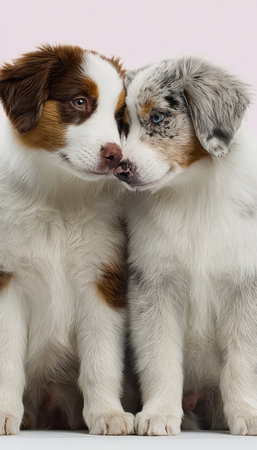 Two Adorable Australian Shepherd Puppies Cuddle Nose to Nose in a Heartwarming Studio Settingの素材