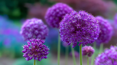 Vibrant Floral Purple Spheres of Allium Flowers in a Colorful Summer Garden Setting with Sunlightの素材