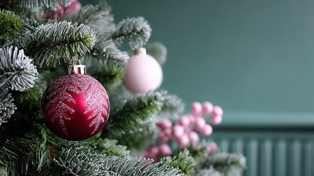 Christmas Cheer with Frosted Fir Branch Adorned with Green, Red, and White Baubles in Winter Themeの素材
