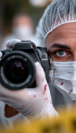 Detailed Crime Scene Photography Forensic Investigator Capturing Evidence with Precision and Careの素材