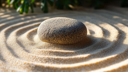 A Serene Escape Stone in Sand with Raked Patterns Creating a Peaceful Zen Garden for Contemplationの素材