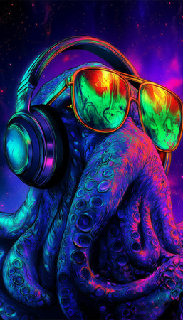 Retro 3D Neon Octopus Wearing Headphones, Relaxing and Celebrating at a Stylish Rave Partyの素材