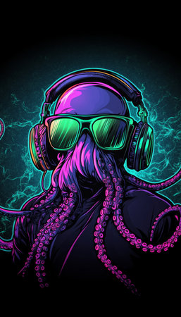 Octopus Disc Jockey Wearing Headphones, Enjoying Music at Neon Party Underwater Sea Club Eventの素材