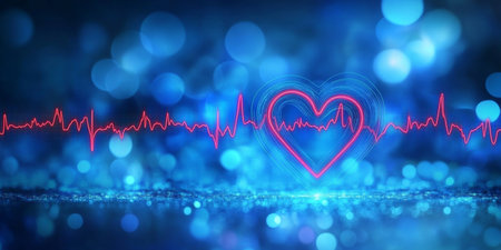 Neon Heartbeat Line and Vitality Pulse on a Bokeh Blue Background, Capturing Healthcare Rhythmの素材