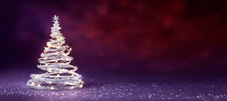 Silver Christmas tree with bokeh lights on a glittery purple surface, spreading holiday cheer.の素材