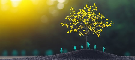 Symbolic tree illustration of sustainable development and corporate responsibility concepts.の素材