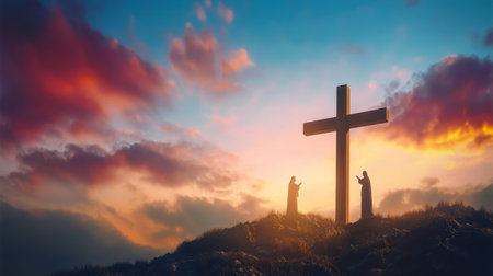 Holy Cross and Majestic Figures Against a Dramatic Sky, Symbolizing Easter Resurrection Hopeの素材