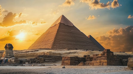 Stunning sunset illuminating the Giza pyramids and Great Sphinx, a symbol of ancient Egyptian glory.の素材