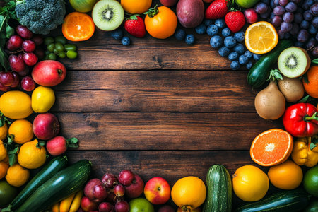 Vibrant Rainbow Array of Fresh Fruits and Vegetables on Rustic Wooden Table Top for Healthy Livingの素材