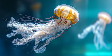 Elegant underwater scene of two jellyfish gracefully swimming together in clear ocean waters.の素材