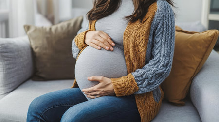 Expecting mother cradles her baby bump in cozy cardigan, enjoying a serene moment at home.の素材