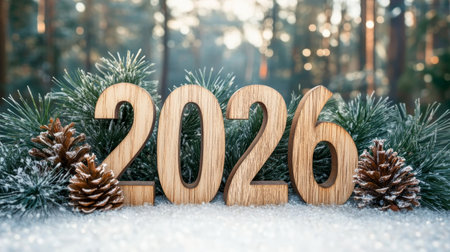 Welcoming the 2026 Festive Season with Beautifully Crafted Wooden Digits and Snowy Decorationsの素材