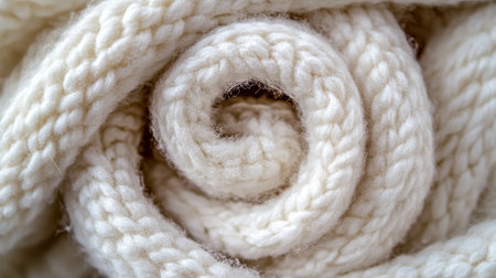 Cream Wool Macro of Knitted Fabric Showcasing Soft Yarns in Beautiful Elegant Spiral Design Patternsの素材