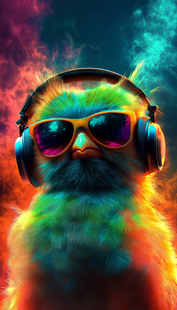 Vibrant Colorful Parrot with Headphones and Sunglasses, Exuding a Fun Neon Party Vibe in Nature.の素材