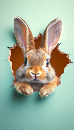 Adorable bunny peeking through a pastel wall, capturing the charm of springtime and holiday joy.の素材