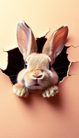 Adorable Young Bunny Peeking with Curiosity, Cute Furry Pet Animal Portrait in Bright Colorsの素材