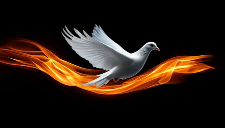 A white dove gracefully flying above an orange fire stream against a captivating dark backgroundの素材