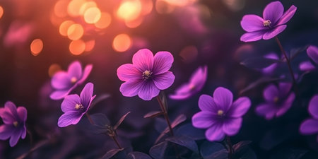 Delicate lilac blossoms shine in the twilight, showcasing floral elegance under warm evening lightの素材