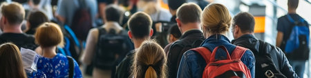 Crowded Airport Terminal Filled With Travelers Carrying Luggage, Checking In and Boarding Flightsの素材
