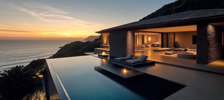 Modern Oceanview House with Infinity Pool at Sunset, Featuring Luxurious Outdoor Living Space.の素材