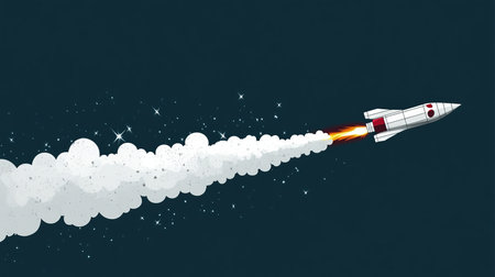 Futuristic Cartoon Spaceship Flying Through a Cosmic Landscape in an Era of Astronomy Discoveryの素材