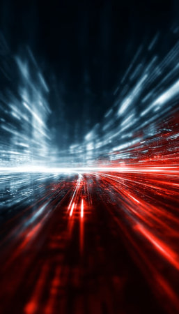 Vibrant Dynamic Red and Blue Light Streaks Create a Futuristic Abstract Background Designの素材