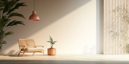 Charming Living Room with Rattan Accent Chair, Lush Palm Tree, and Warm Wooden Floor for Relaxationの素材