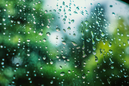 Close-Up of Water Droplets on Glass with Silhouette Trees in Background, Nature Abstract Designの素材