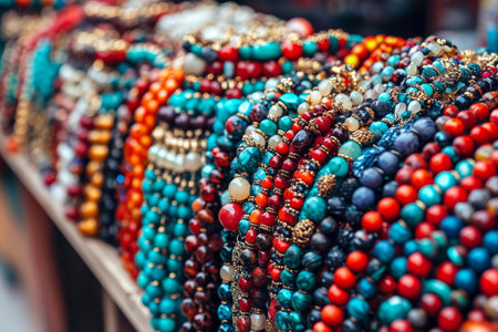 Colorful Handmade Bead Necklaces Displayed at a Vibrant Street Fair, Eye-Catching Jewelry for Saleの素材